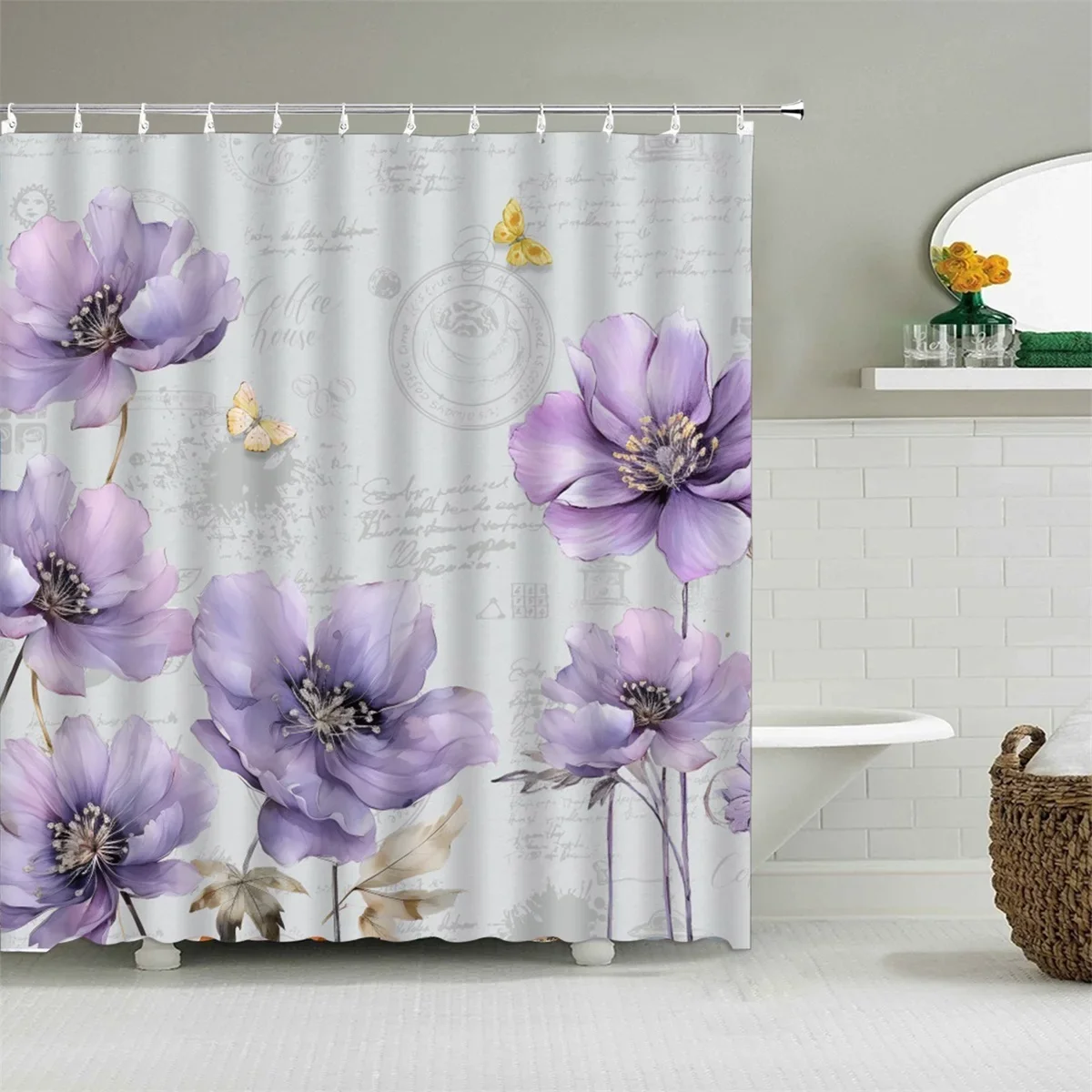 Black Stone Tower Zen Shower Curtain, Spa Decor Lotus Purple Orchid Flower and Bamboo, Cloth Fabric Bathroom Decor Accessory Set