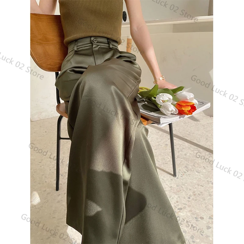 

2025 Elegant Satin Wide Leg Pants Women Fashion Black Baggy Suit Pants Summer Office Ladies Korean High Waist Straight Trousers