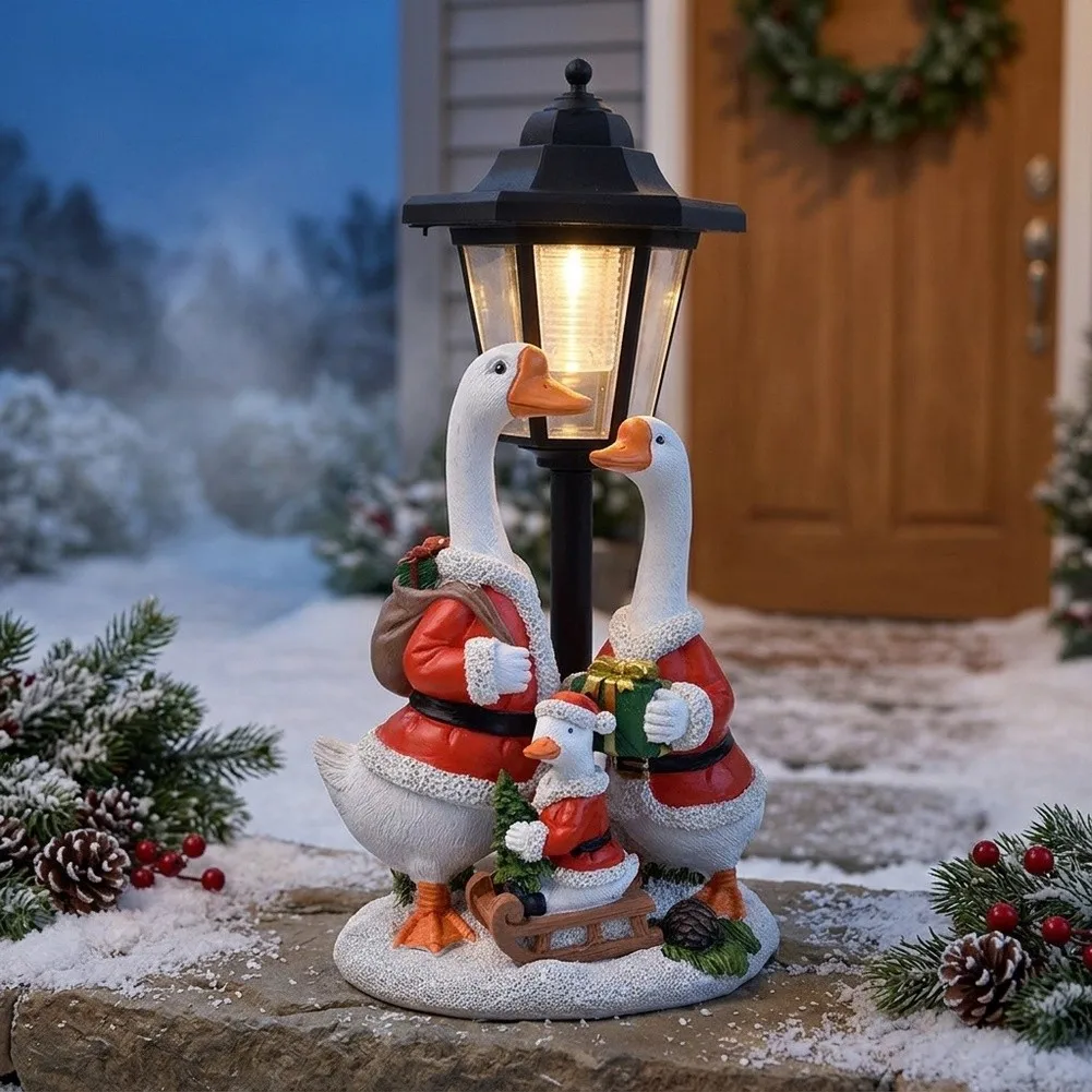 White Resin Solar Powered Goose Figure in Santa Attire for Outdoor Indoor Holiday Decor Garden Patio Porch 16x11.3x31.5cm