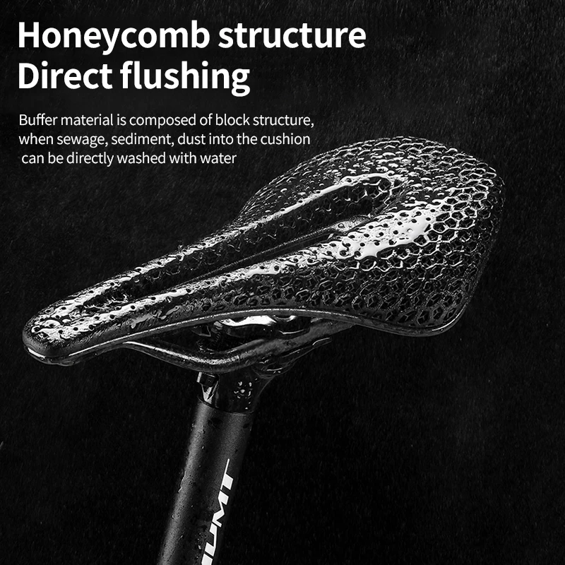 

Hollow carbon fiber bike seat (black). 3D printed, breathable, lightweight. For road and mountain bikes. Cycling accessory.