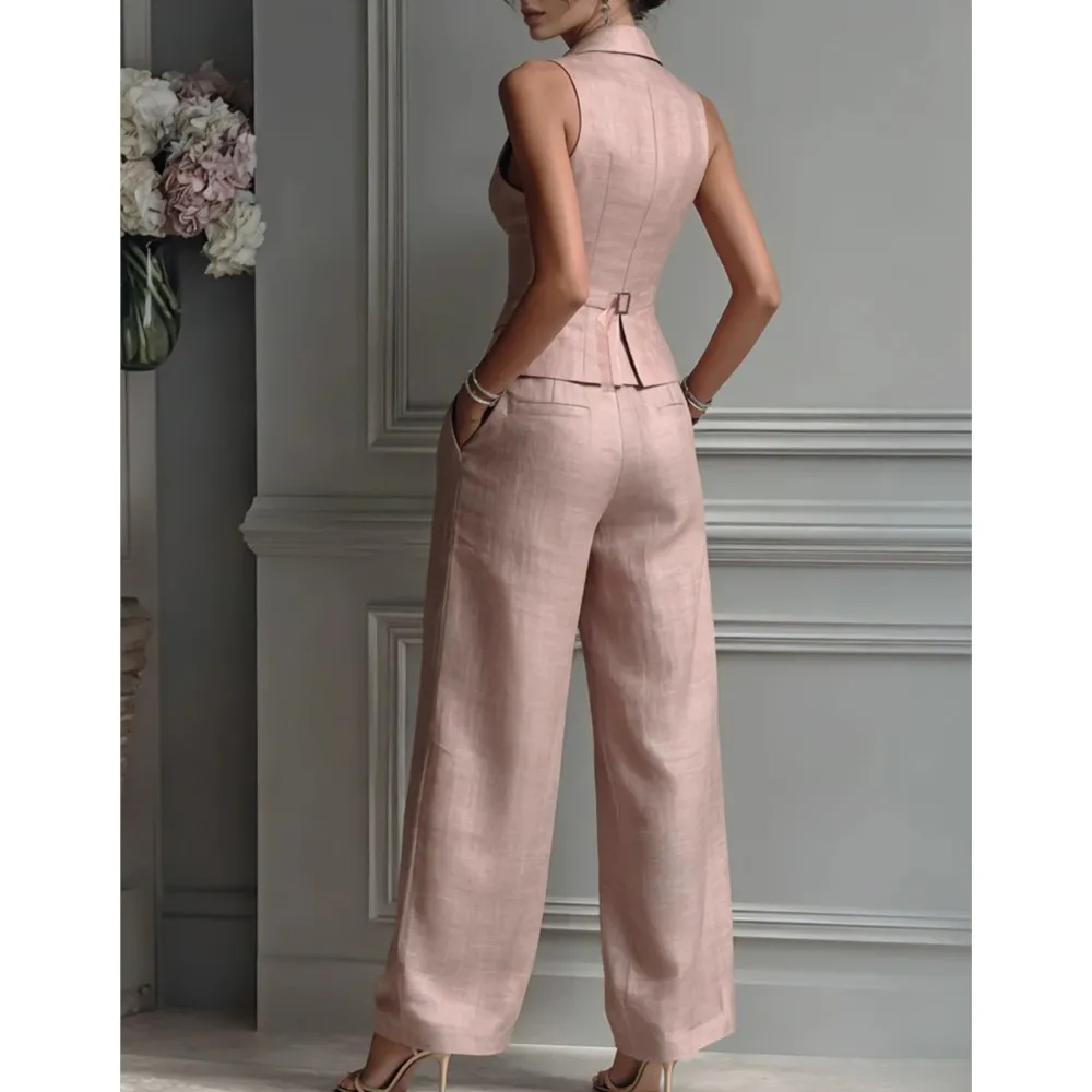 Summer New Fashion Single-breasted Sleeveless Top + Trousers 2-piece Set Women's 2026 Slim Vest Suit Collar Trousers Office Suit - Image 2