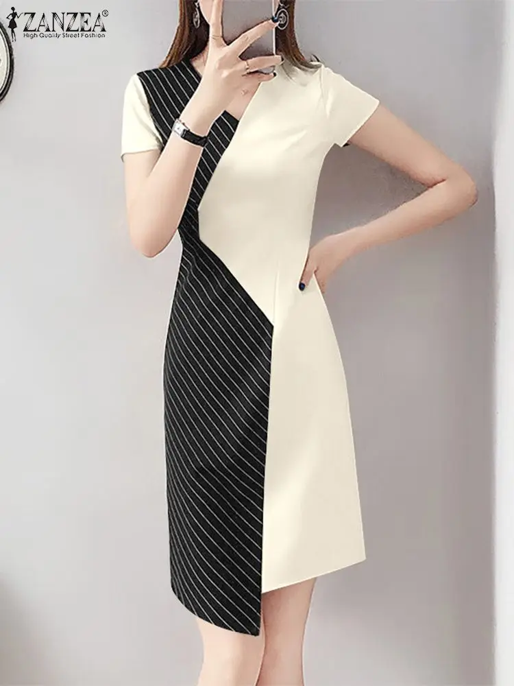 

ZANZEA 2024 Summer Short Sleeve Dresses Women Irregular Stripe Splicing Sundress V-neck Knee-length Vestidos Elegant Zipper Robe