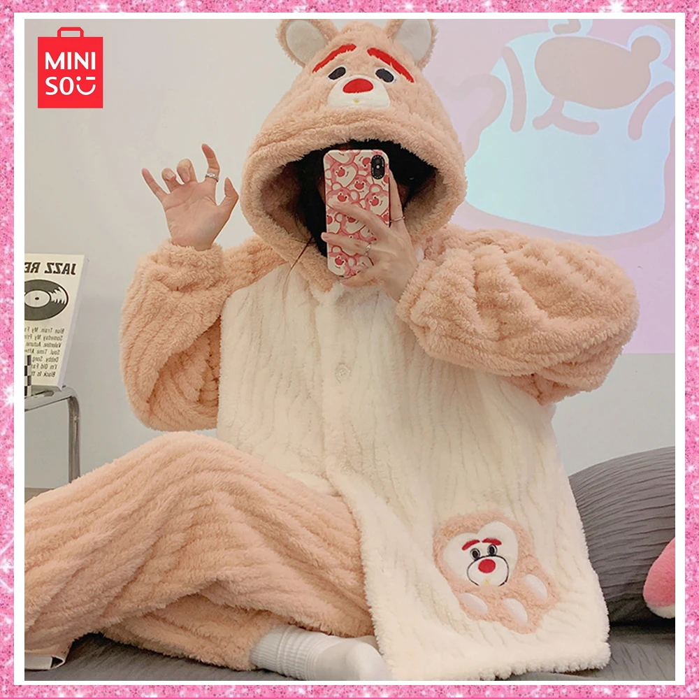 2023 Miniso Lotso New Fall Coral Velvet Cartoon Cute Sweet Pajamas with Thick Home Wear Two-Piece Rose Red Christmas Girl Gift