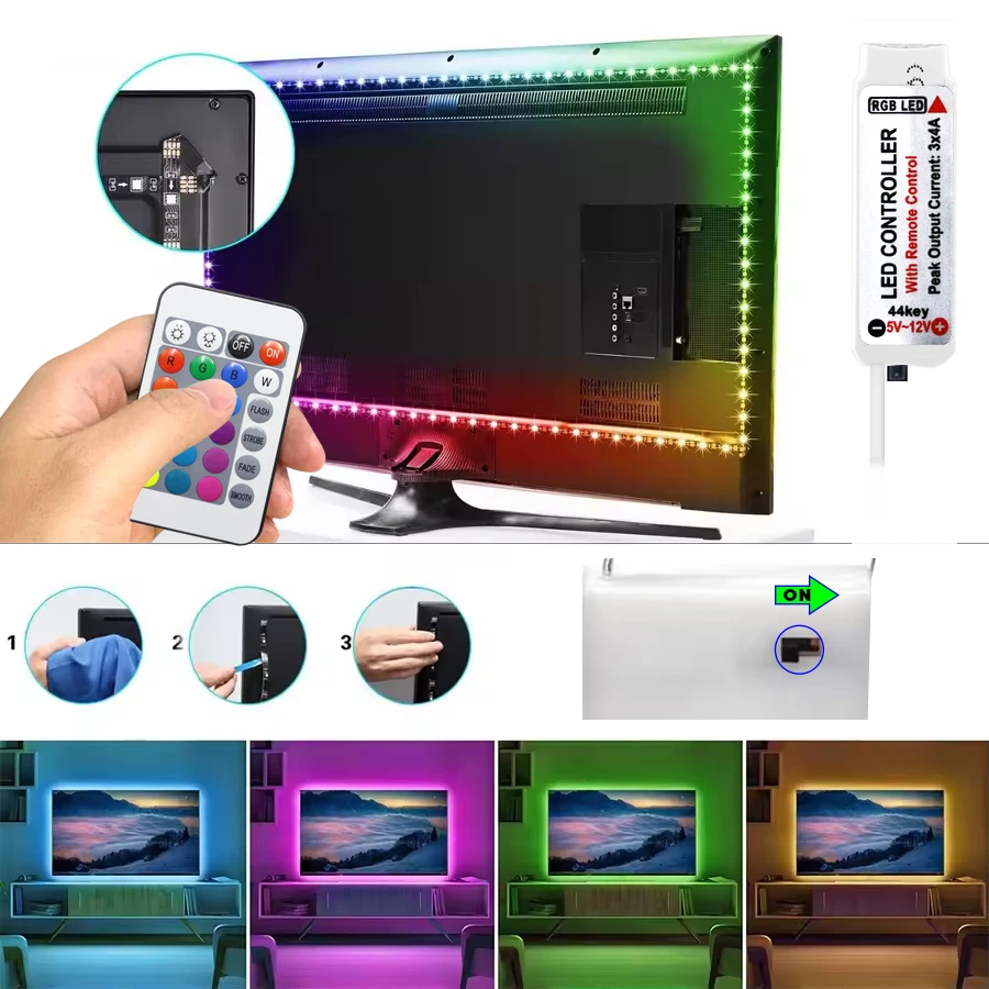 1 Roll of Battery-Powered Rgb Color-Changing Led Light Strip, with a 24-Key Multifunctional Remote Control, Battery-Powered (Batteries Not Included), Can Be Cut and Pasted from 1m to 20m, Suitable for Tv and Computer Backgrounds, Holiday Atmosphere in Homes, Indoor Settings, Surprise Parties, and Music Festival Decorations