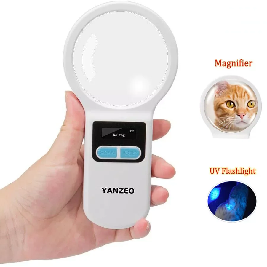 RFID Pet Tag ID Scanner Animal Microchip Reader With Magnifier+UV Flashlight