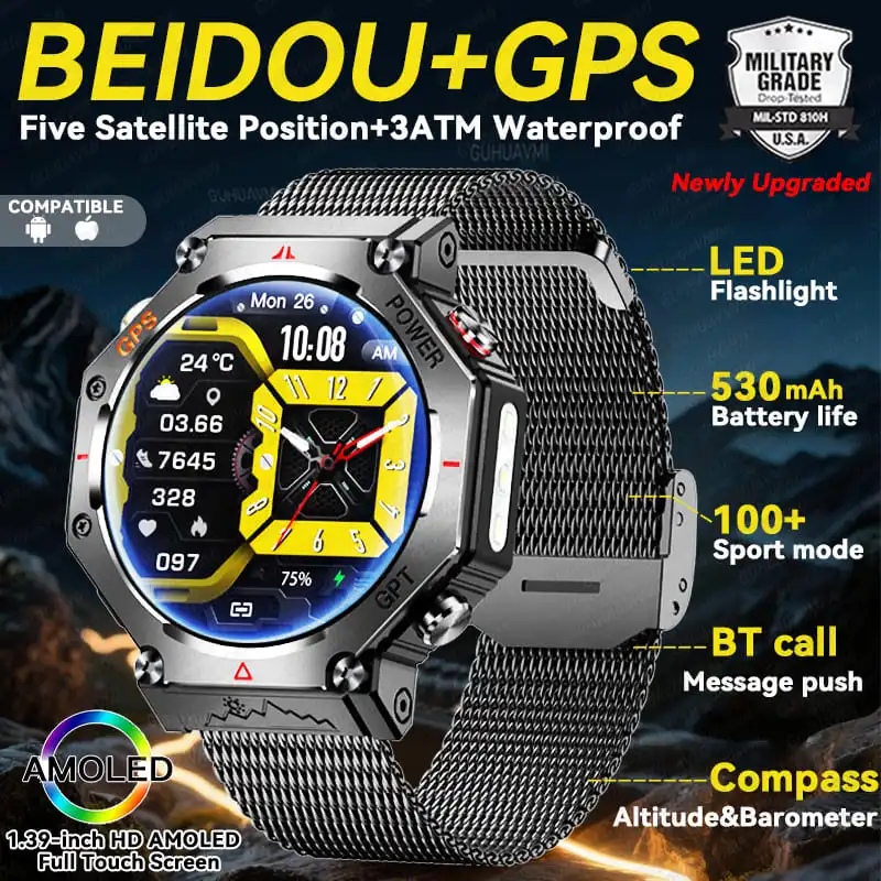 

2025Новые встроенные GPS-умные часы премиум-класса для мужчин, водонепроницаемый фонарик 3ATM, AMOLED-экран, компас, военные спортивные браслеты для IOS