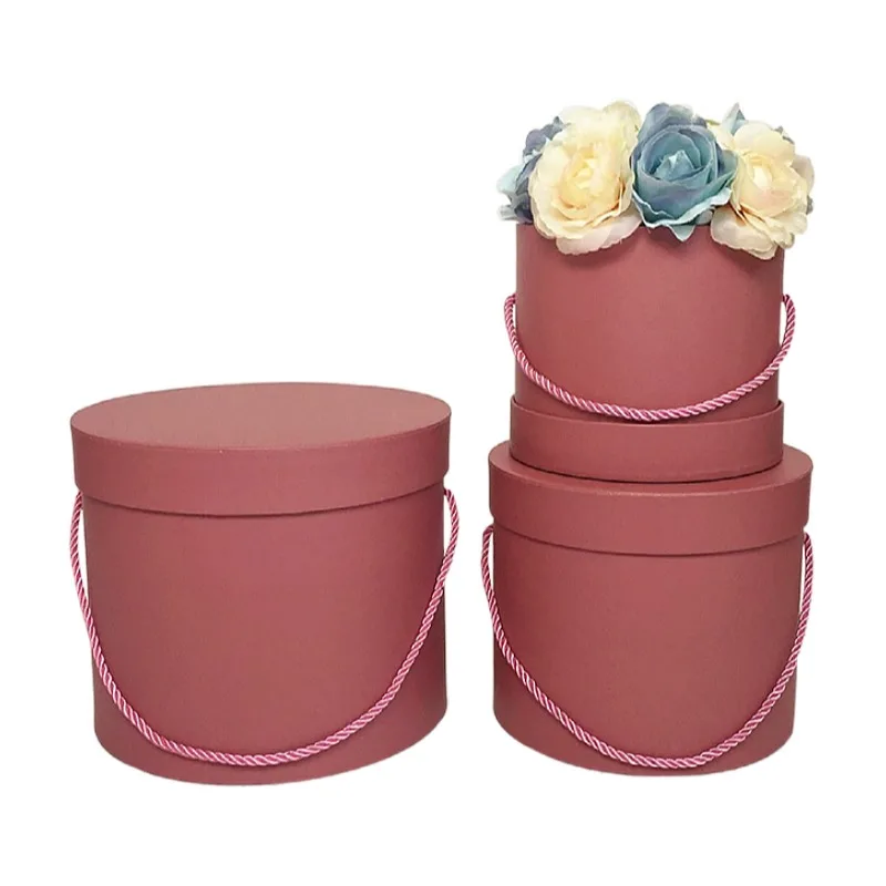 Round Flower Paper Boxes, Portable Rope, Monochromatic, Bouquet Packing, Valentines Day, Wedding, Birthday Gift Box, 3Pcs Set