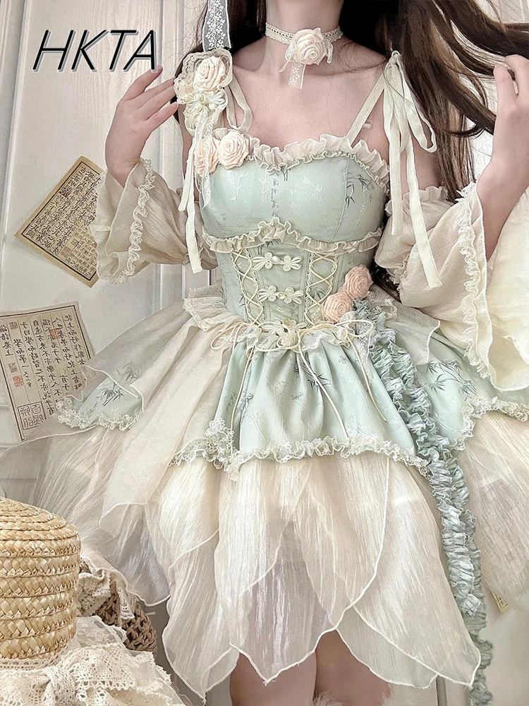 Grün Bambus Blatt Druck Neue Chinesische Ballett Elegante Fee Lolita Kleid Frauen Sommer Süße Prinzessin Geburtstag Kuchen Kleid Mädchen