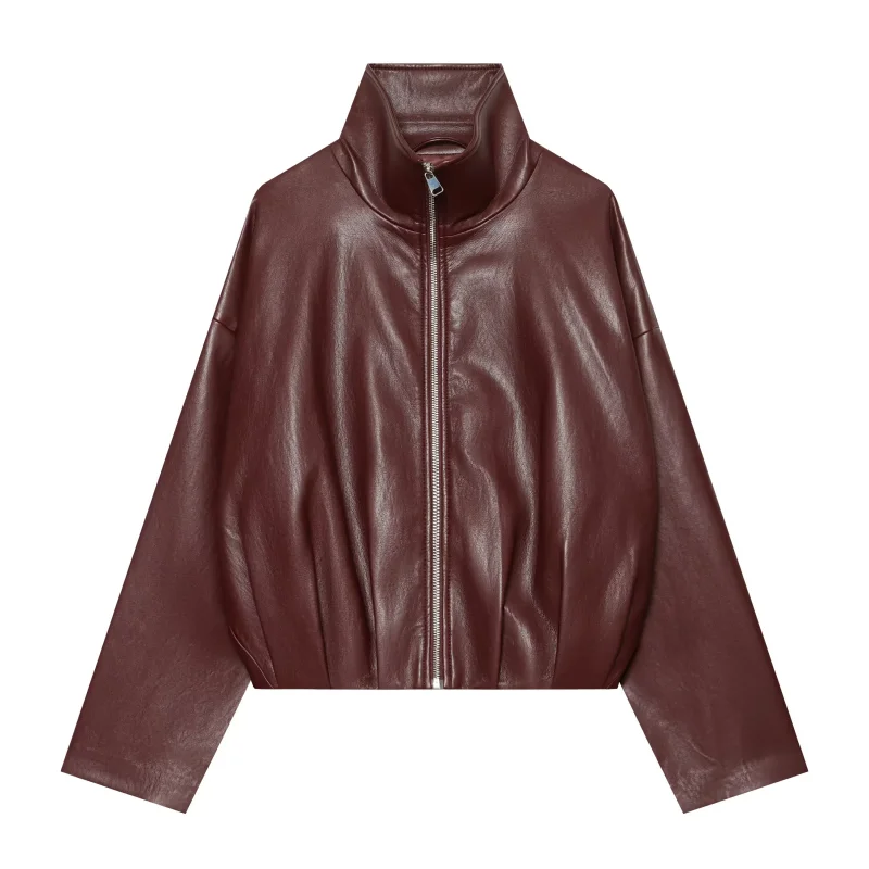Women Faux Leather Vintage Jacket Stand Collar Full Zip Drop Shoulder Long Sleeve Loose Fit Cropped Casual Outer Coat
