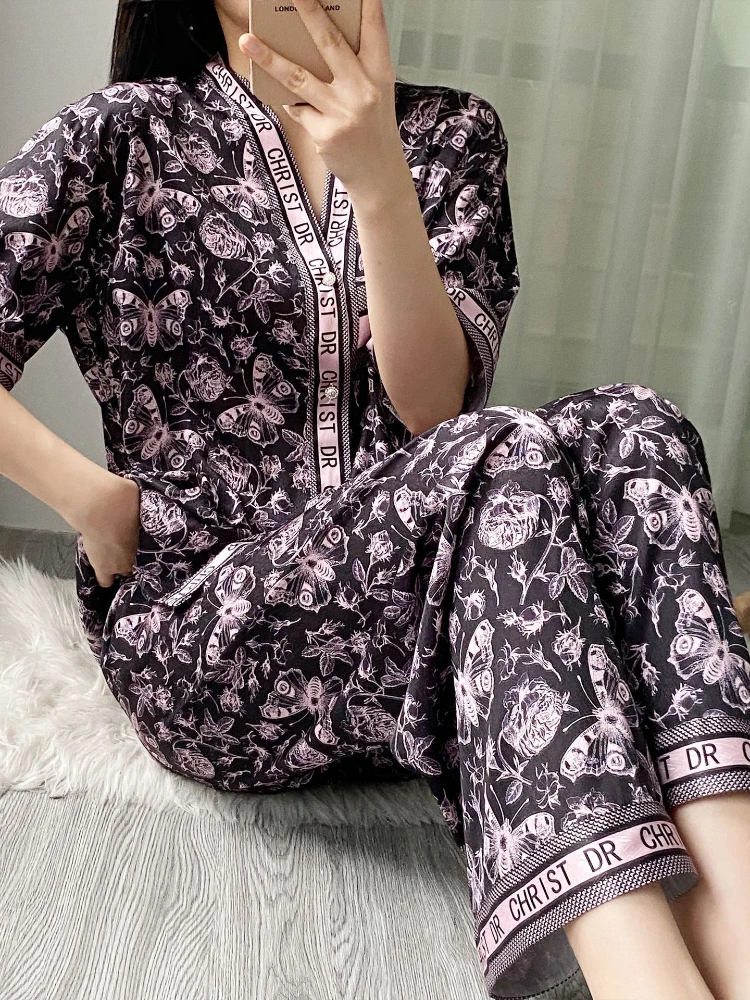 Summer Light Purple Printed 3-Piece Pajama Set Women 2024 New High-Quality Ice Silk V-Neck Top+Shorts+ Pants Thin Home Clothing