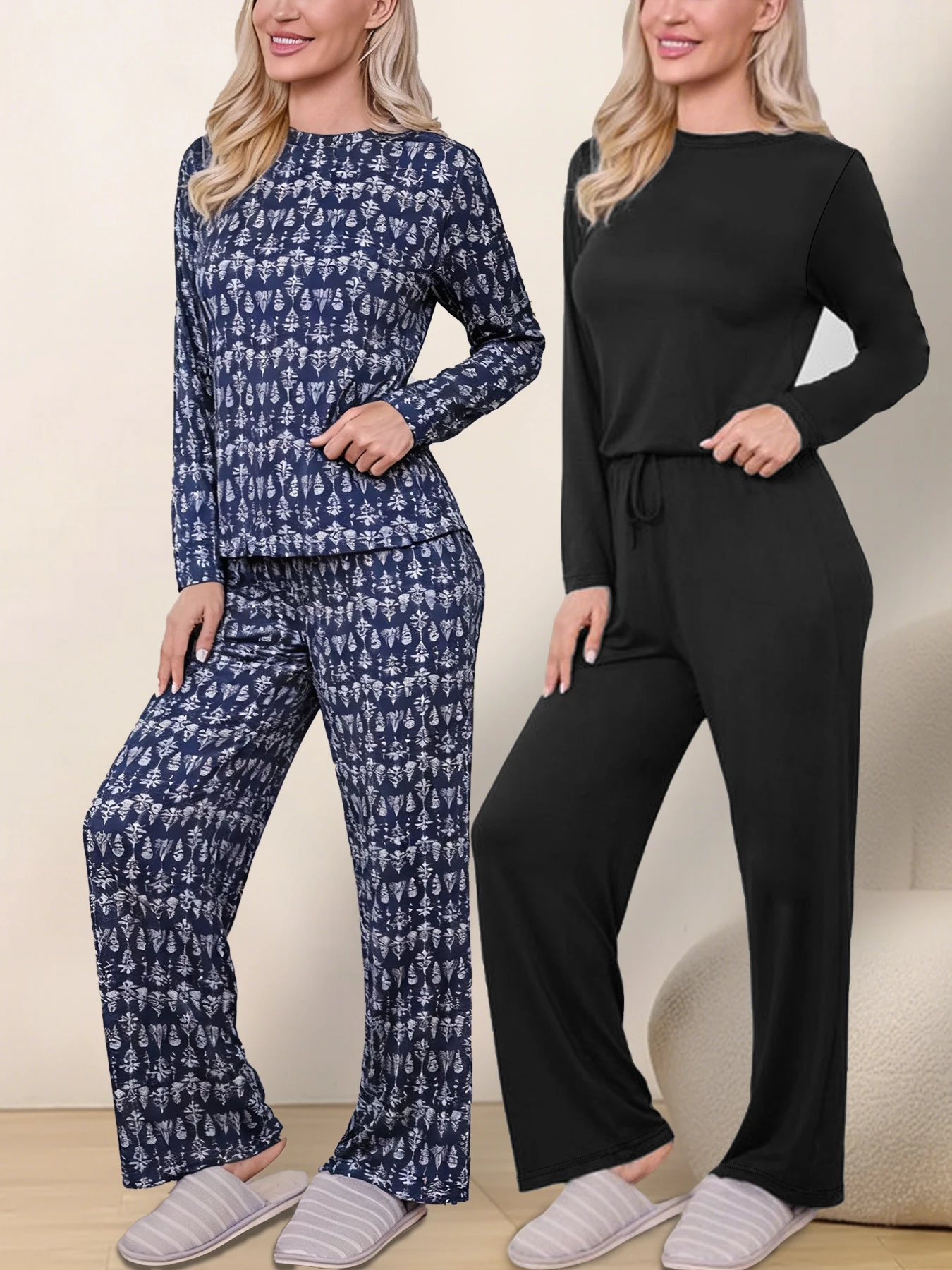 

2 pcs Womens Soft Pajama Set Long Sleeve Sleepwear Loungewear Nightwear
