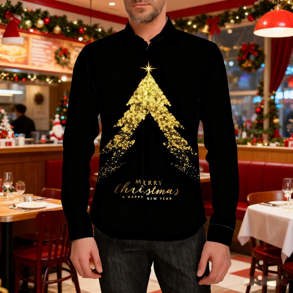 

Men's Christmas Halloween New Year's gift festive pattern 3D printed shirt long-sleeved lapel casual fashion wearable top shirt