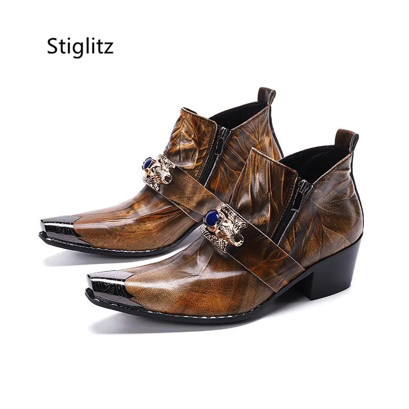 Bronze Metal Pointed Toe Men's Boots Pearl Strap Side Zipper Genuine Leather Ankle Boots High Heels Party Show Male Shoes