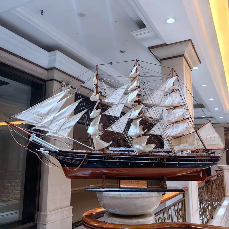 Solid wood sailboat model ornament handmade large antique wooden boat office decoration