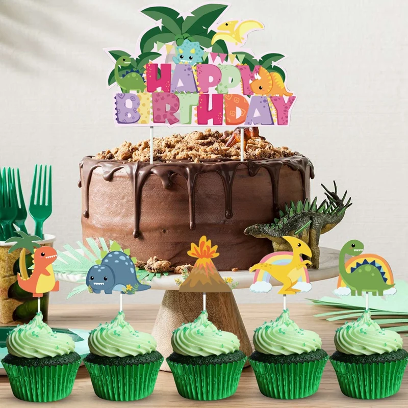 Cute Cartoon Dinosaur Cake Topper Jungle Safari Dino Birthday Cake Surround Kids Boys Happy Dinosaur Birthday Party Cake Decor