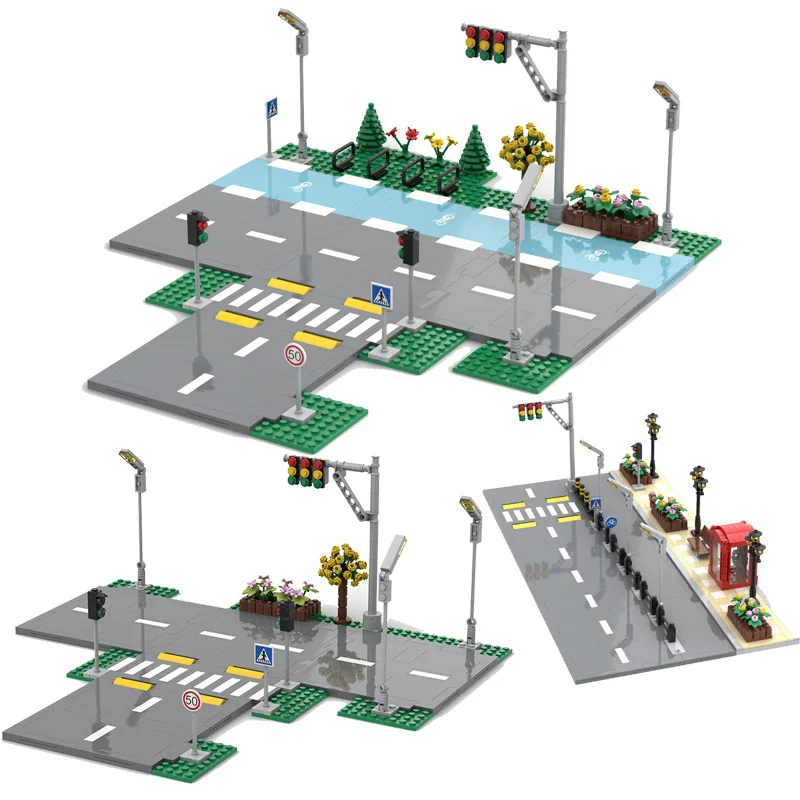 MOC Building Blocks Urban Road Floor T-shaped Road Motorway Bicycle Lane Landscape Supplement Expansion Package Bricks Kid's Toy