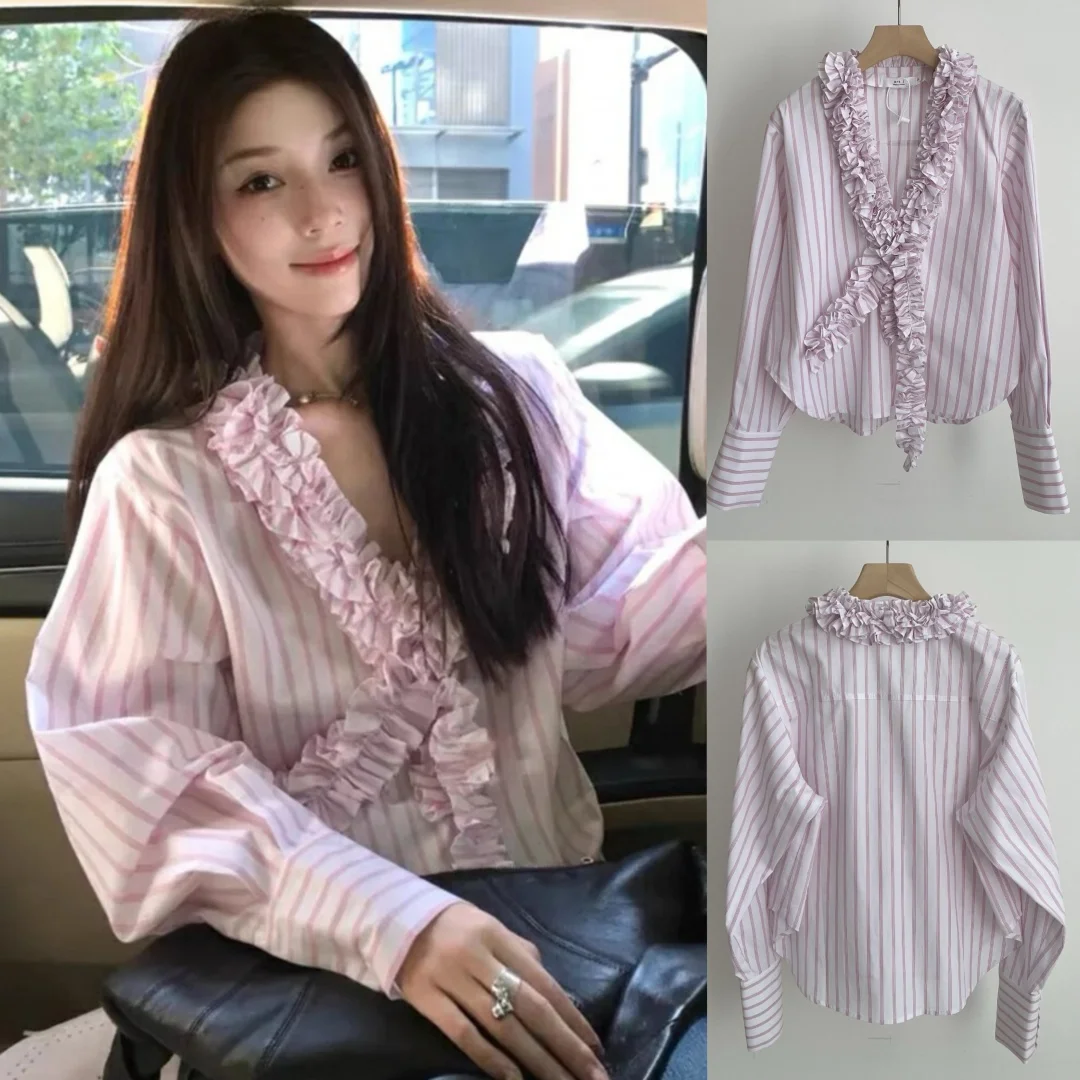 

Romantic Lazy Sle Striped Loose V-Ne Wooden Ear irt Spring 2025 Casual Pure Cotton Long Sve Women's irt