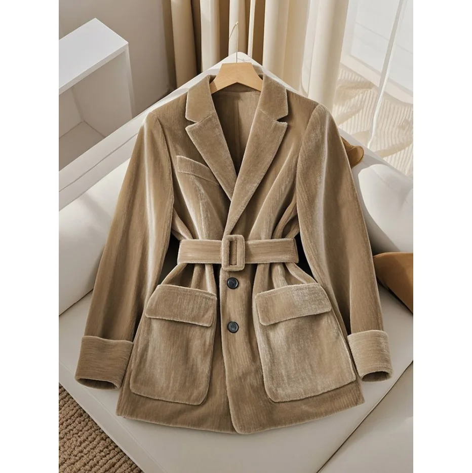 카키 트렌디 벨벳 블레이저 여성용 겨울 두꺼운 긴 소매 라펠 재킷 스타일리시 다용도 아우터웨어 벨트 포함 2025