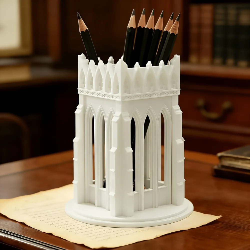 Retro Gothic Church-Style Pen Holder Delicate 3D Printed Castle Makeup Brush Storage Box Vintage Classic Storage Display Shelf