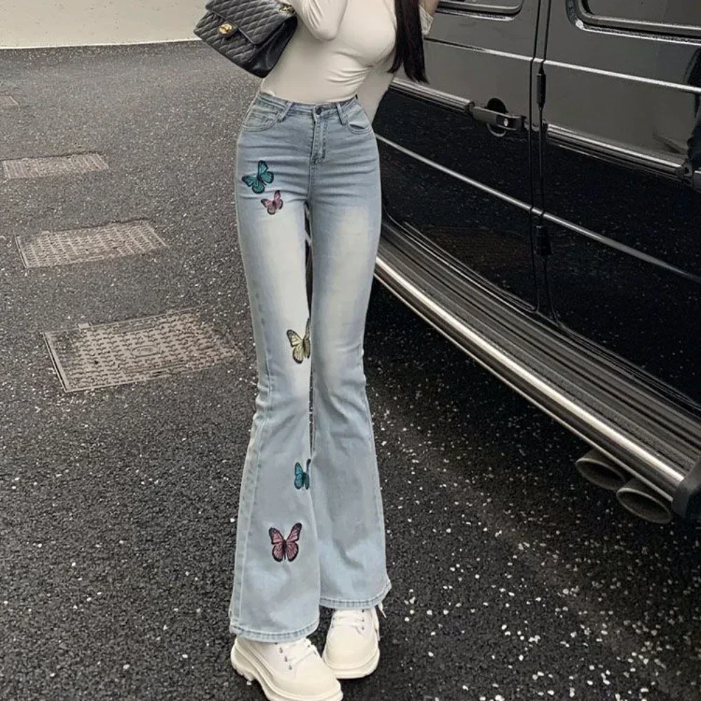 Blue Pants for Woman Embroidered Trousers High Waist Shot Flared Bell Bottom Flare Women's Jeans Spring Good Quality Vibrant R A