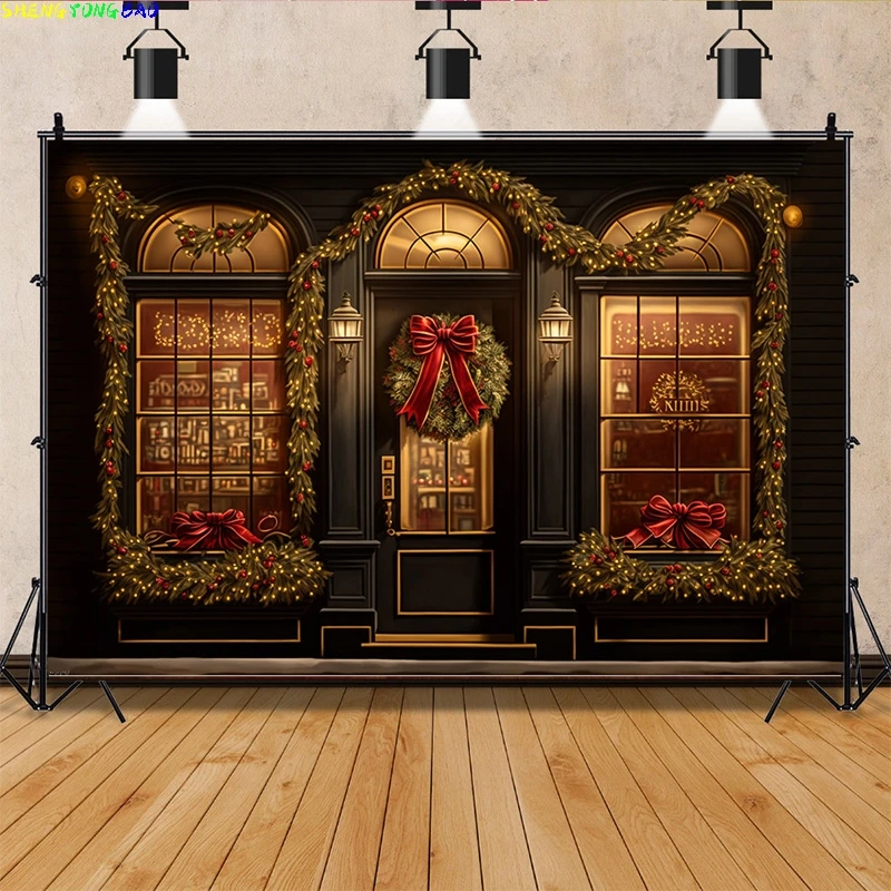 

Vinyl Christmas Day Photography Backdrops Living Room Indoor Ornament Green Door Wreath Photo Studio Background Props QS-47