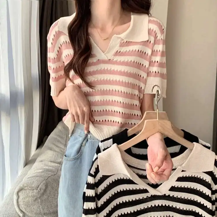 

Summer New L Women's Loose Fit Stripe T-irt Comfortable Breathable Commute Sle ort Sve Polyester Fiber T-irt