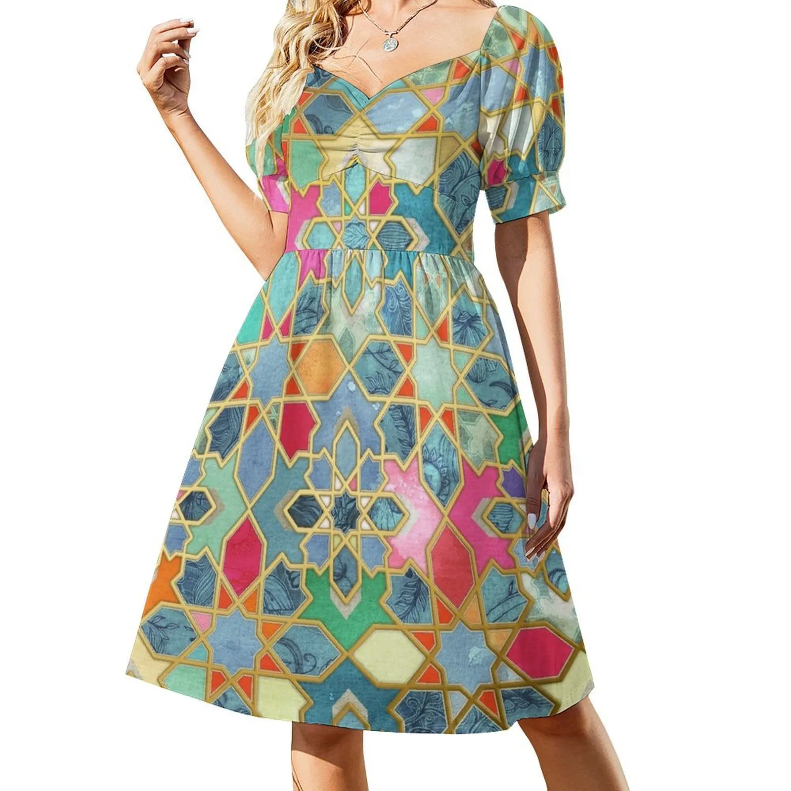 

Gilt & Glory - Colorful Moroccan Mosaic Short Sleeved Dress Clothing female Long veiled dresses Dress