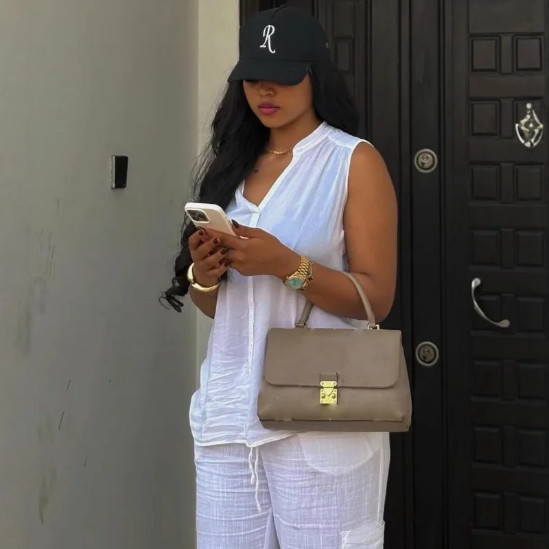 White Two Piece Set Women Cotton Sleeveless V Neck Shirt Wide Leg Cargo Pants African Casual Summer Outfits Loungewear Plus Size