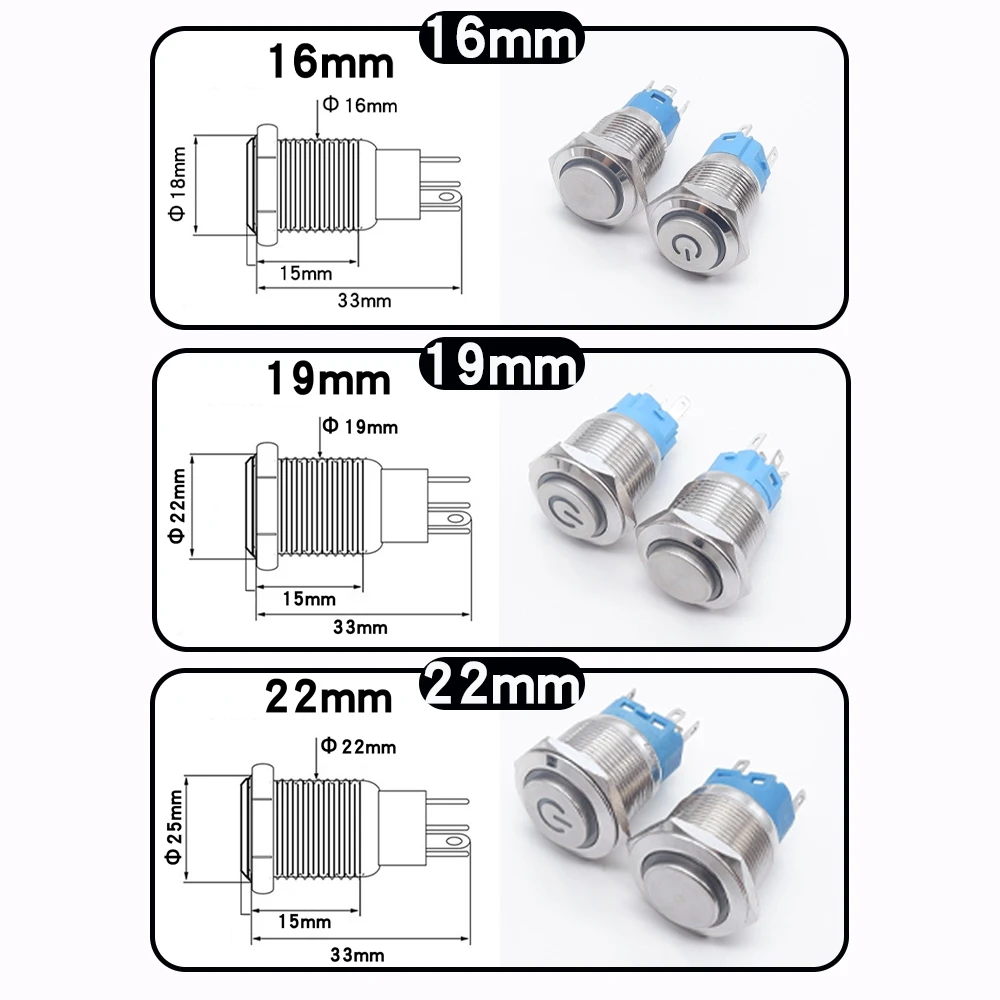 Interruptor de botón de metal de 12mm, 16mm, 19mm, 22mm, botón de inicio de cierre abierto de cabeza alta, 6v, 12v, 24v, 110v, 220v, control de