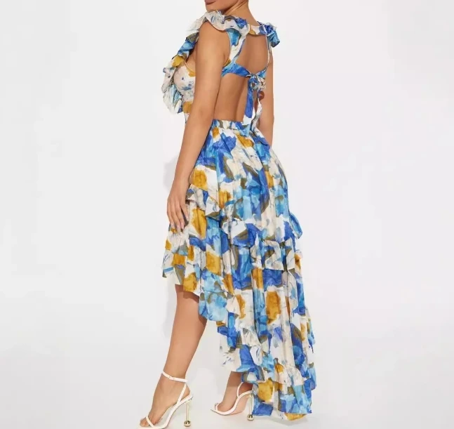 Bohemian Casual Style Fashionable Printed Vacation Long Dress with Low Neckline Sexy Sleeveless Backless Design Trailing Dress