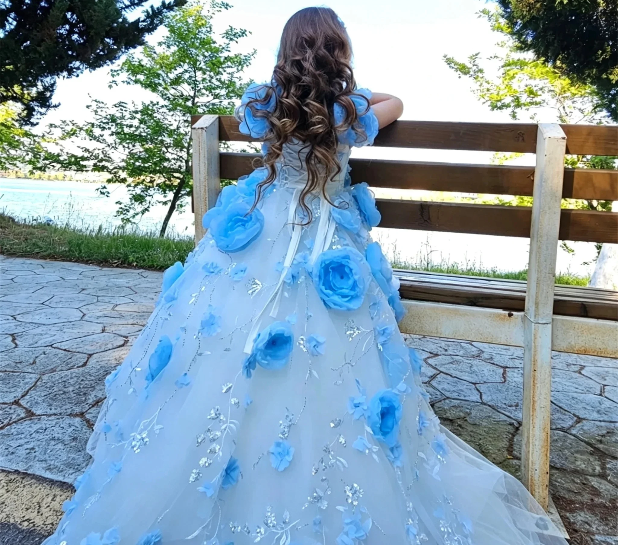 Custom light luxury dress women wedding guest gown girls wedding gown birthday party pageant 3d floral applique tulle trailing