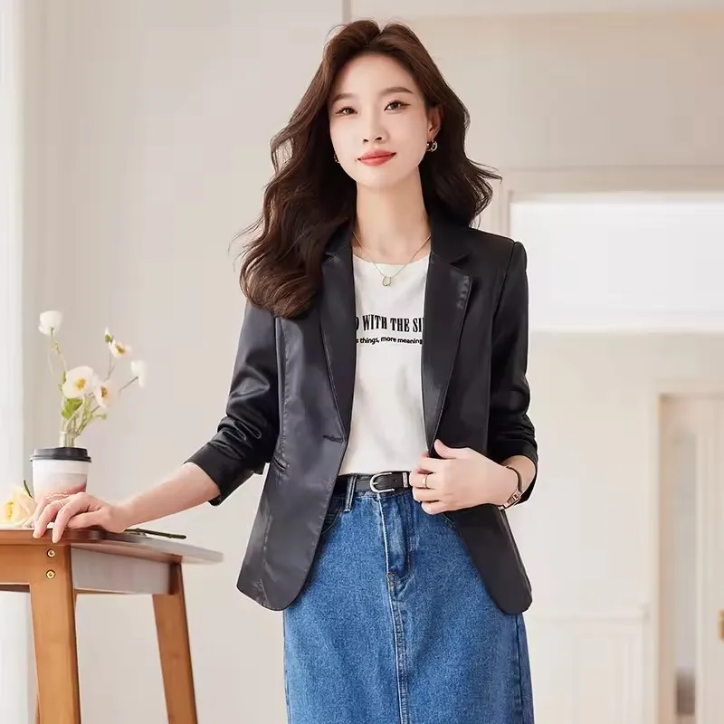 Einfache PU Leder Frauen Blazer und Jacken Herbst Winter Kleidung Eine Taste Anzug Mantel Büro Damen Elegante Weibliche Oberbekleidung