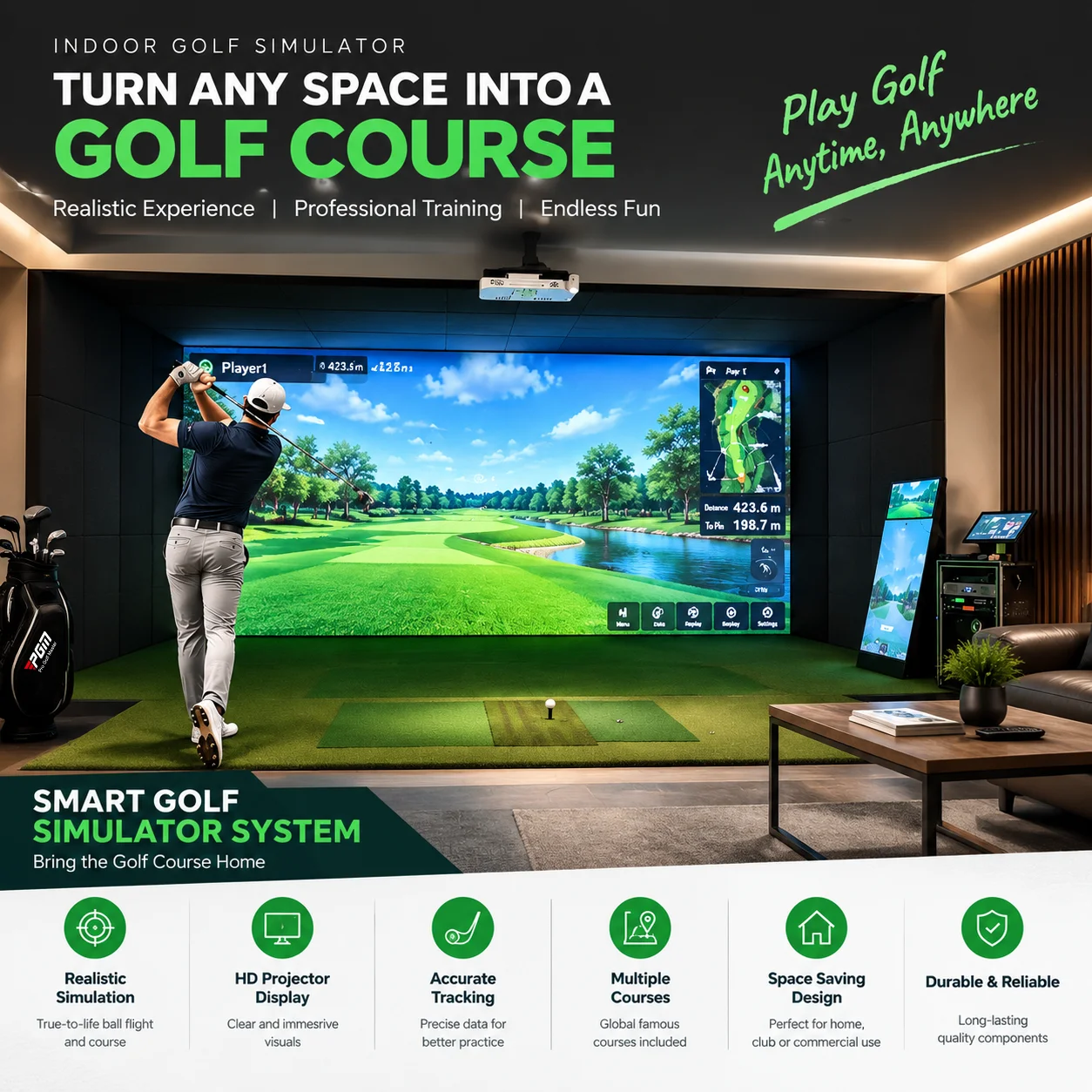 PGM P8 Indoor Golf Simulator Virtual Golf Training System for Home Practice Golf Club and Entertainment Center