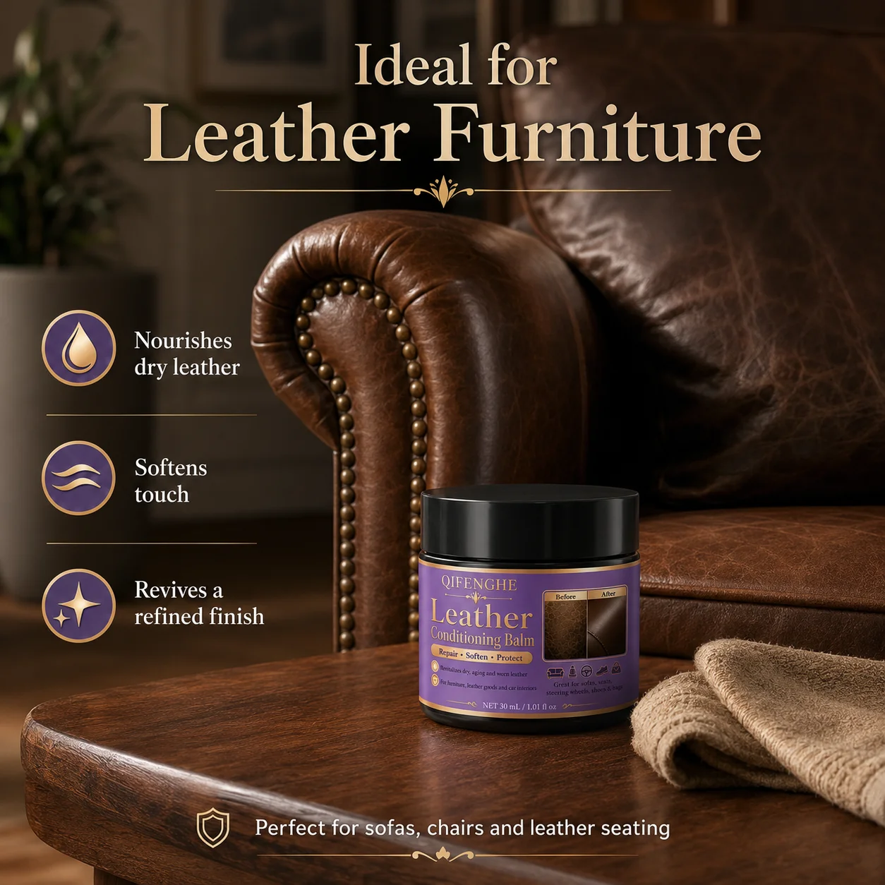 Professional Leather Conditioning Balm 30ml, Safe for All Smooth Leather, Restores & Protects Sofa & Auto