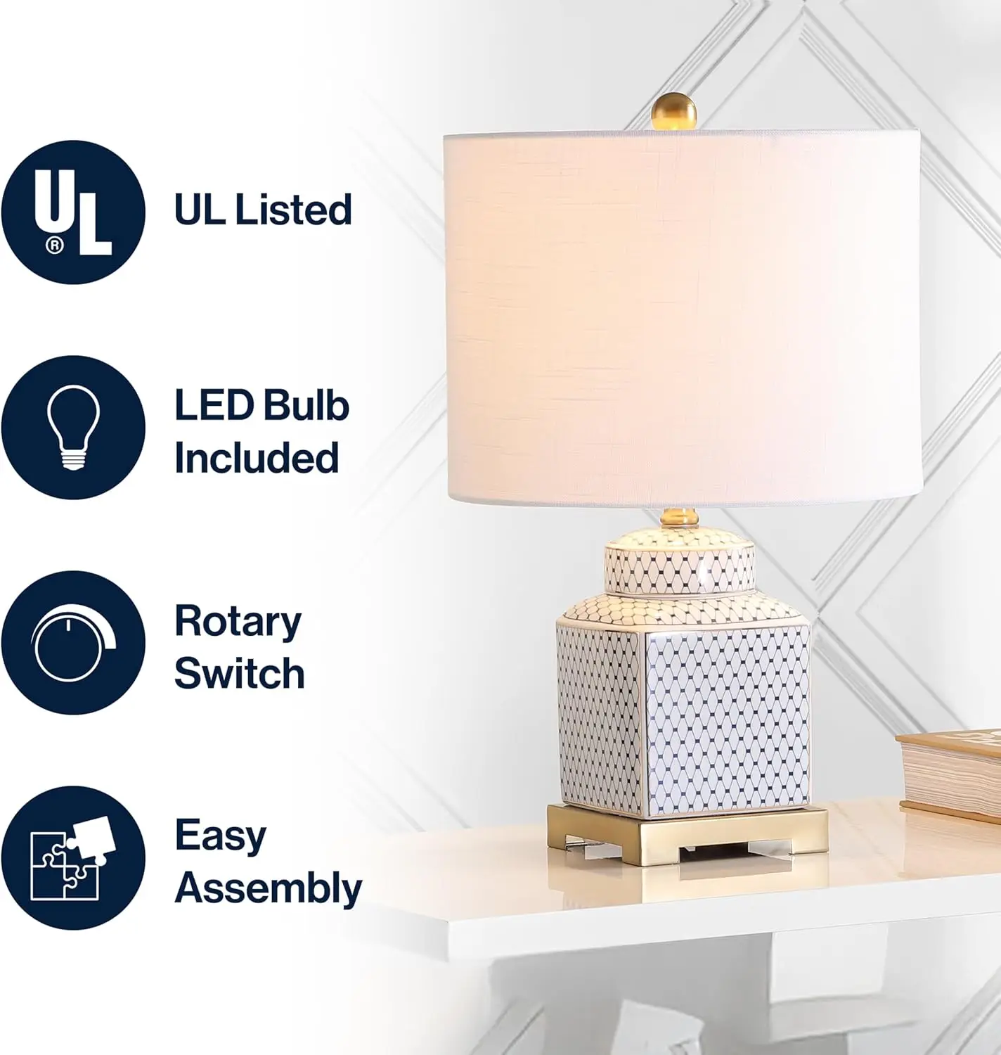 Modern Ceramic Ginger Jar LED Table Lamp with Fishnet Glaze, White/Navy for Bedroom Living Room Office