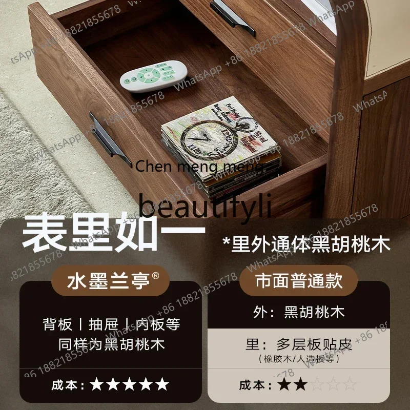 32All solid wood bedside table Italian style bedroom North American black walnut side cabinet Saddle leather veneer locker