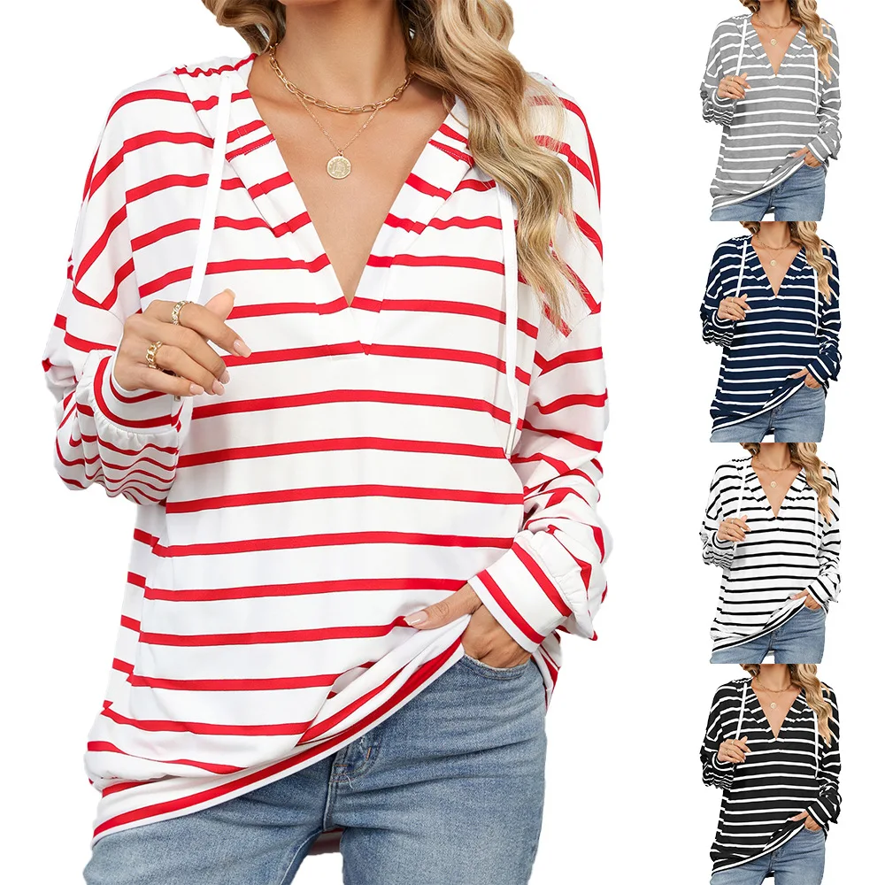 Spring Autumn Women's Pullovers Female Hooded V-neck Stripes Long Sleeve Tops Lady's Casual Loose Sweatshirt Women's Clothing