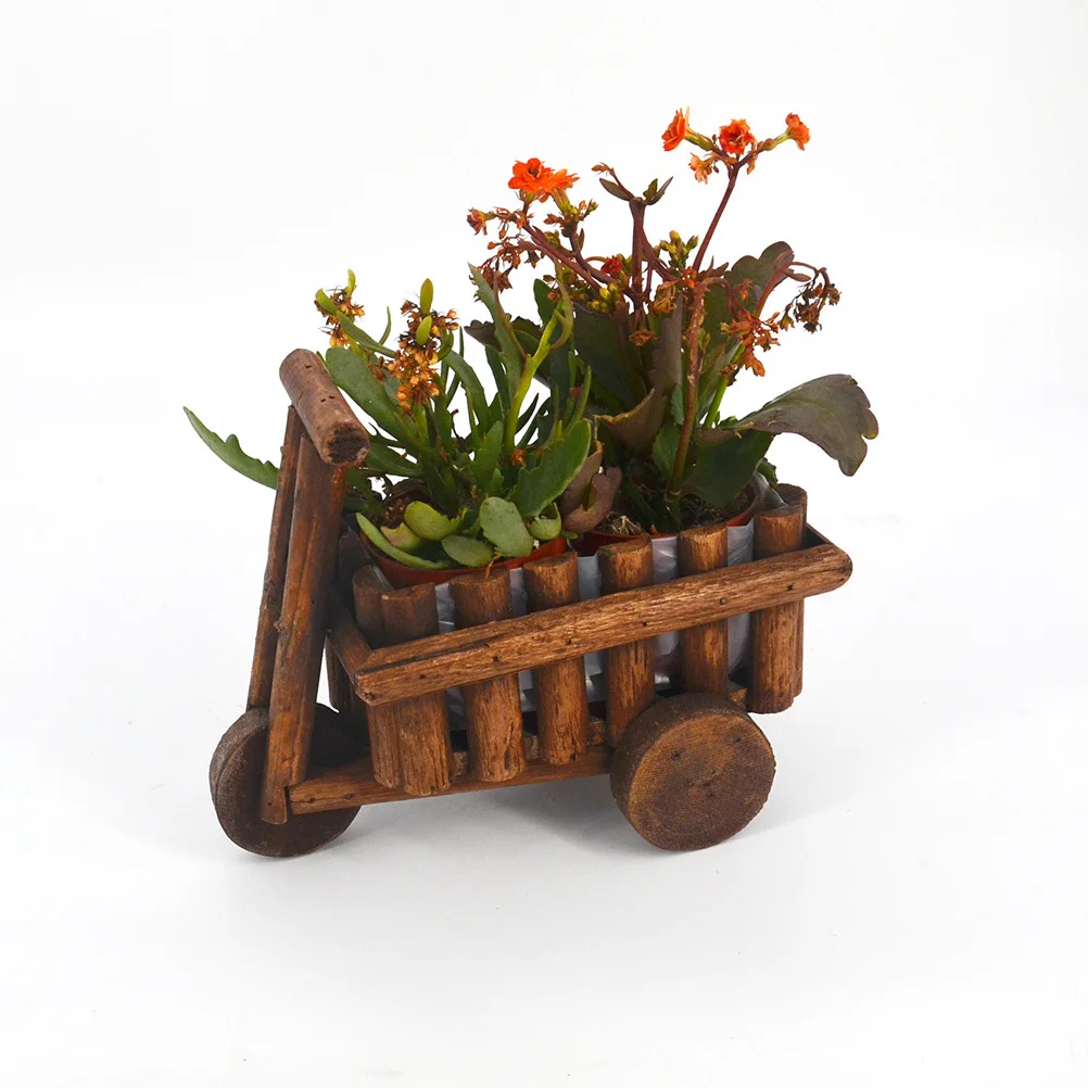 

Wooden Small Cart Flower Pot Brown Vintage Decorative Holder Trash Can Multi Functional Flower Vase for Small Succulents Garden