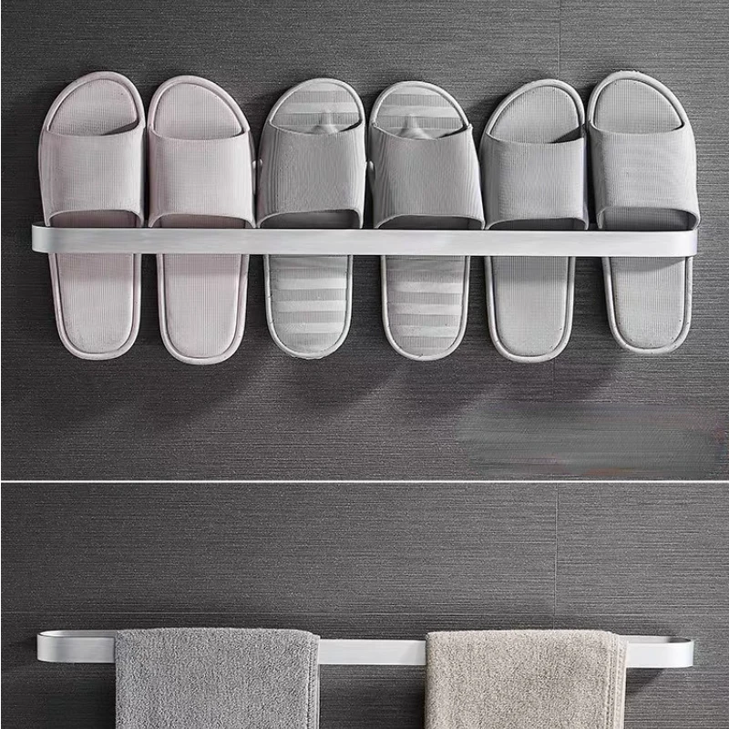 Free Punch Aluminum Slipper Rack Wall Mount Bathroom Bedroom Shoe Hanging Holder Organizer Toilet Wall Door Towel Storage Shelf