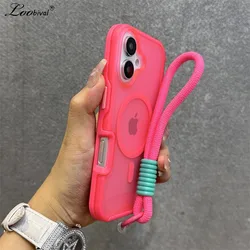 for Magsafe Double Color Hand Wrist Strap Case for iPhone 16 15 14 13 Pro Max Plus 12 11 Matte Lanyard Magnetic Hard Armor Cover