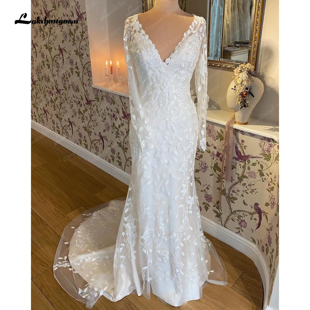 Lakshmigown Abito da Sposa Boho in pizzo a maniche lunghe lunghezza del pavimento 2023 abiti da Sposa Sexy da spiaggia abiti da Sposa senza schienale