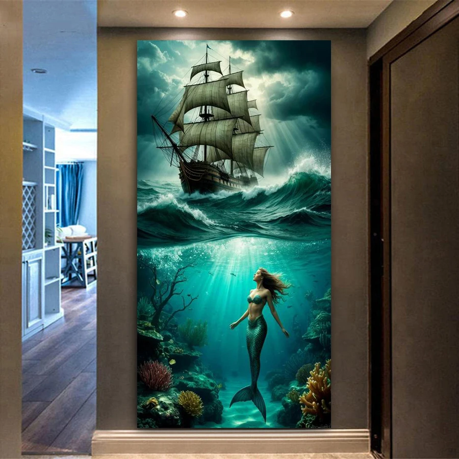 

Полныйcang парусная лодка Русалка большого размера Diy алмазная живопись морские пейзажи полная дрель мозаика вышивка картина 100x200 см