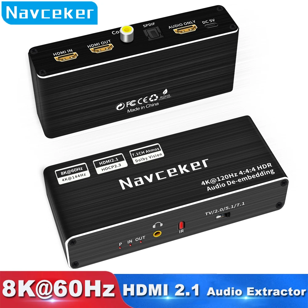 Navceker 8K 60Hz HDMI Audio Extractor 4K 120Hz RGB 4:4 HDMI 2.1 Audio Splitter Converter 7.1 CH Atmos De-embed dla PS5 XBox