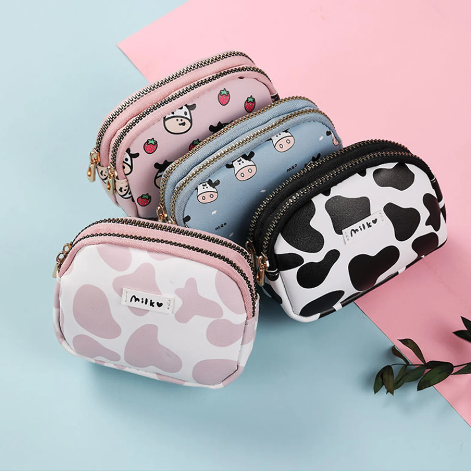 Cute Cow Pattern Coin Purse for Women Card Wallet Students Double Pocket Zipper Key Bag Portable Lipstick Bank Card Storage Bag