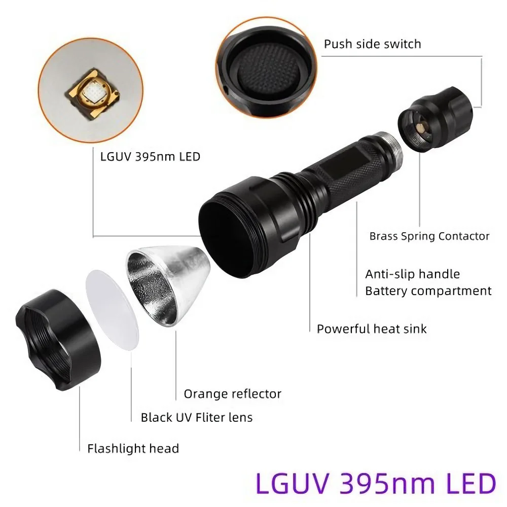 Imagem -05 - Tactical Hunting Lanterna Led Mini Tocha Luz Negra Escorpião Pet Urina Detectar Interruptor Carregador 18650 Grupo uv 395nm 365nm