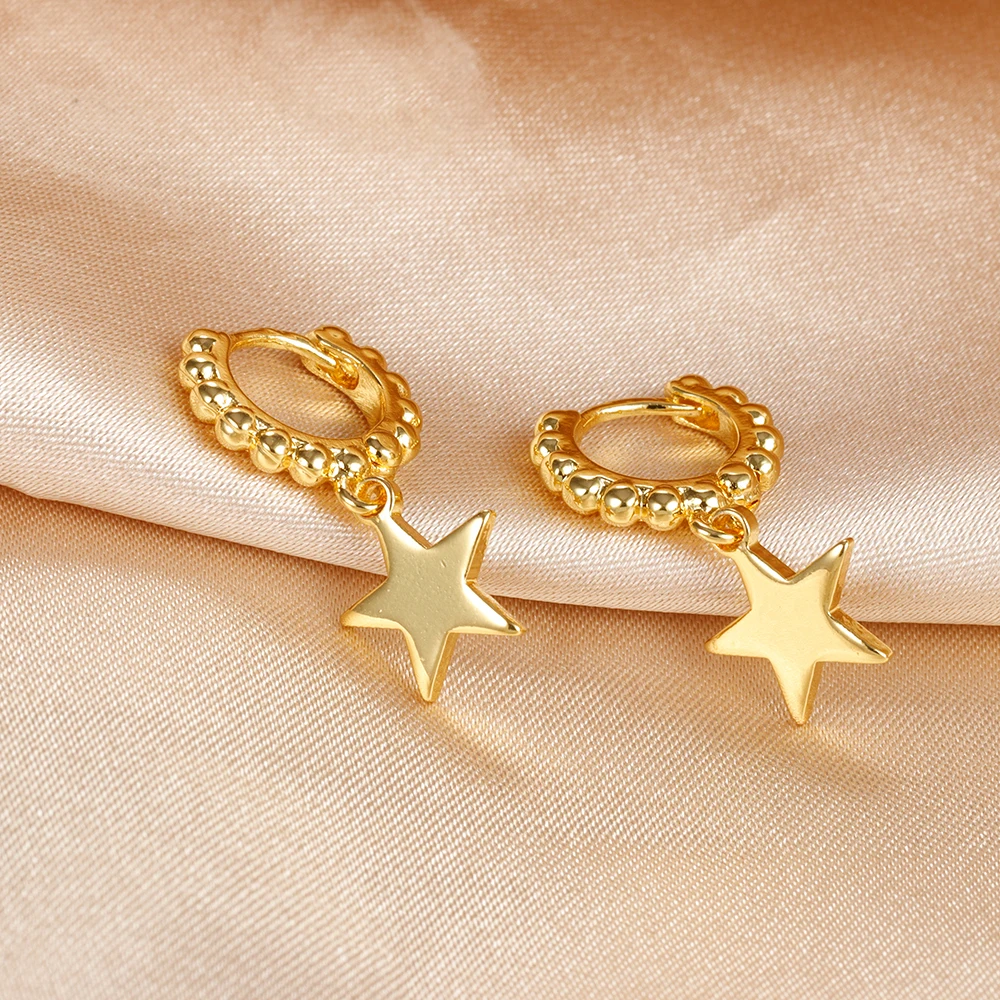 Star Hoop Earrings Gold Color Geometric Small Pendant Huggie Punk Hip-Hop Piercing Earrings For Women Stainless Steel Jewelry