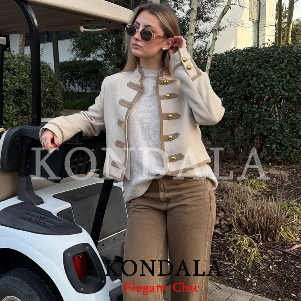 

KONDALA Trendy Knot Buttons Jackets Women's O-Neck Padding Shoulder Jackets 2026 Spring Fall Fashion High Street Mujer Jacket