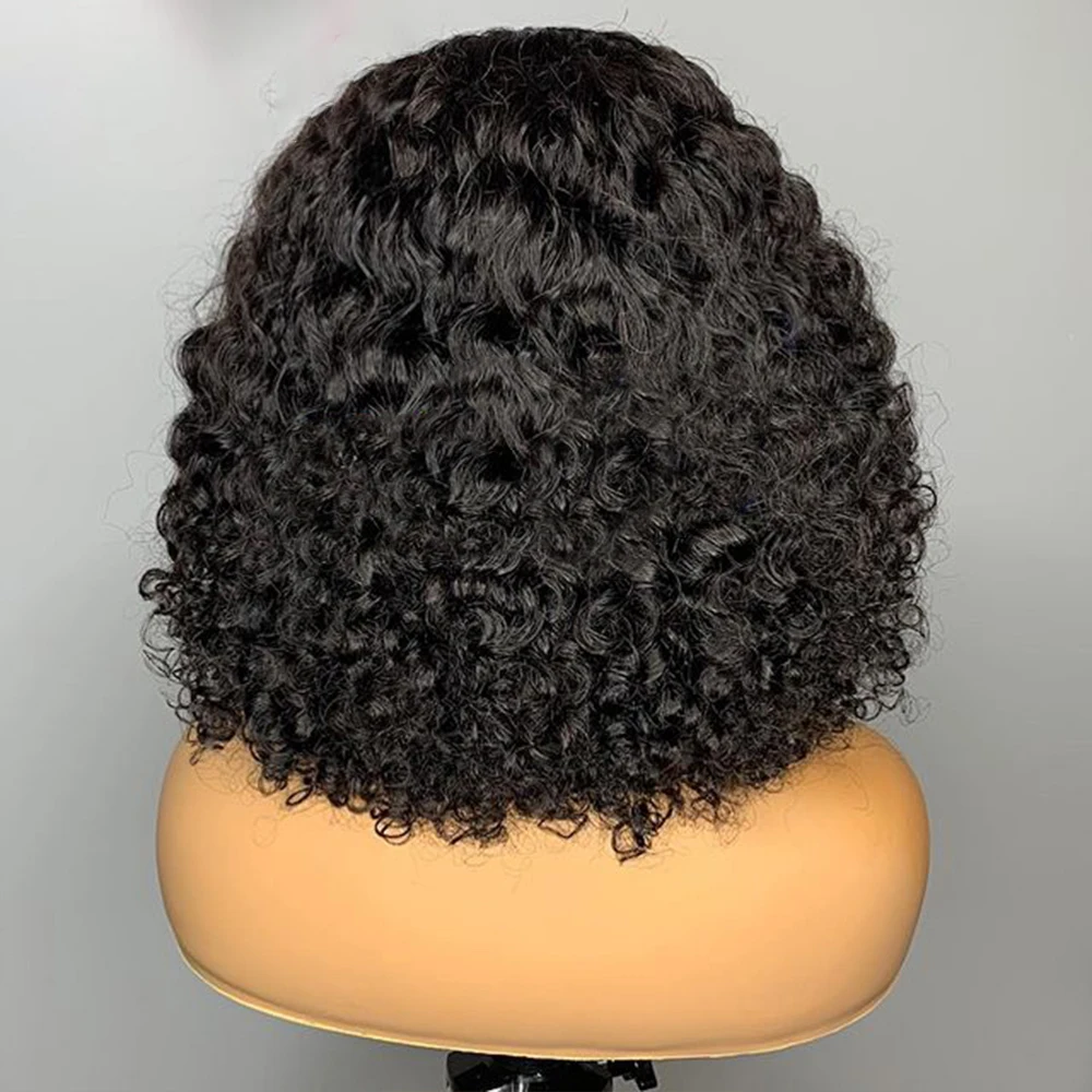 Bob corto Natural negro 180 densidad suave sin pegamento rizado profundo peluca con malla frontal para mujeres con pelo de bebé prearrancado diario
