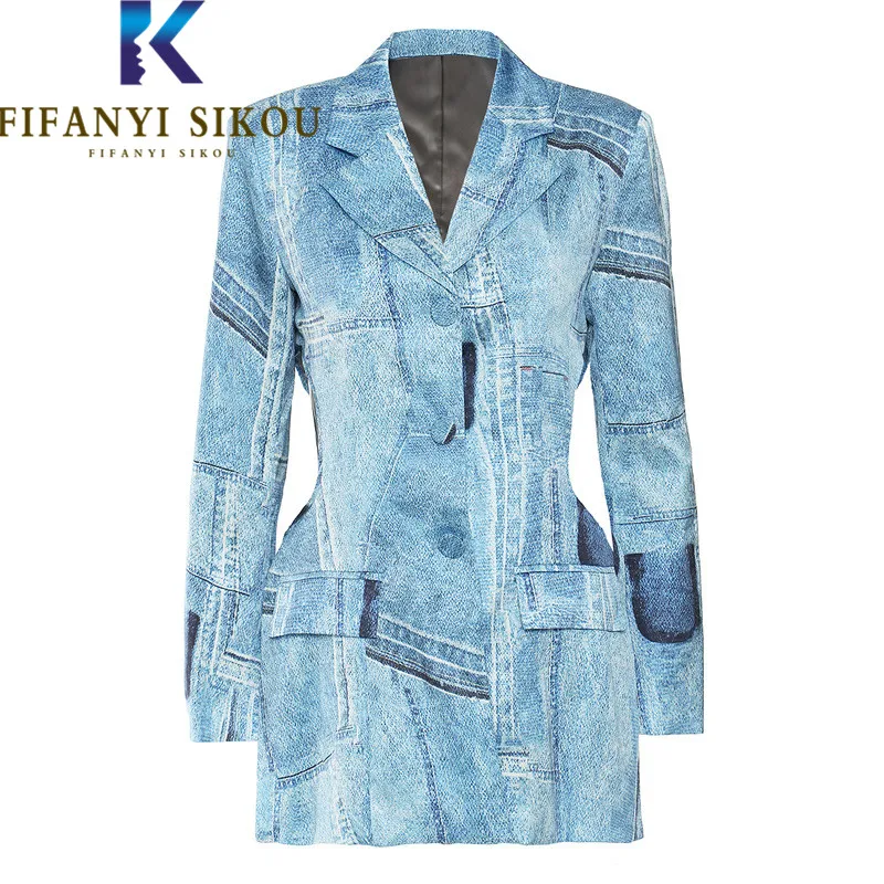 

Blue Denim Blazer Jacket Women Hollow Out Fashion Single Breasted Suit Jacket Spring Casual Long Sleeve Chic Blazers Coat Female