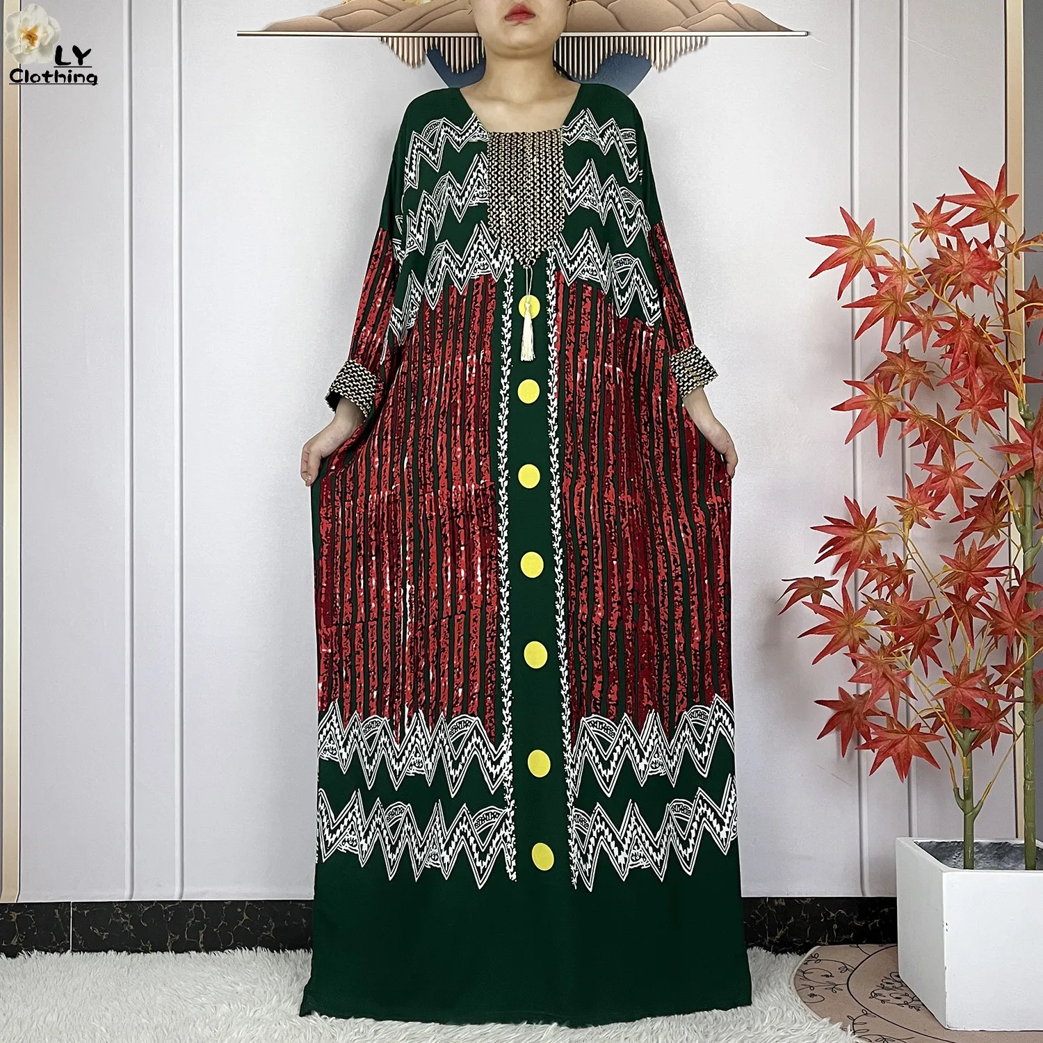 2024New Dubai Party Dress Muslim Femme Long Sleeves Printing Sequins Loose Boubou Maxi Islam Women Cotton African Abaya Clothing